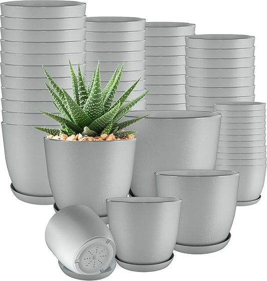 Utopia Home - Plant Pots with Drainage - 7/6.6/6/5.3/4.8 Inches Home Decor Flower Pots - Pack of 60 Plastic Planters for Indoor Plants, Cactus, Succulents - Gray
