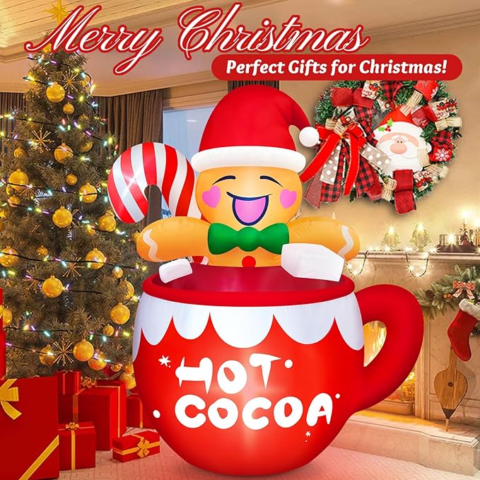 Danxilu 6FT Christmas Inflatable Outdoor Decorations, Cute Blow Up Hot Cocoa Gingerbread Man with Candy Canes Built-in LED Xmas Inflatable Yard Decorations for Outside Indoor Garden Lawn Holiday Party