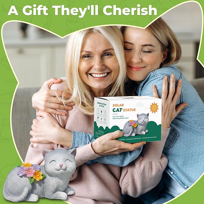 Garden Decor Solar Cat Statue with Warm Glow - Unique Birthday, Christmas & House Warming Gifts for Women, Mom, Cat Lovers - Outdoor Yard Art for Lawn, Patio, Backyard & Balcony Decor