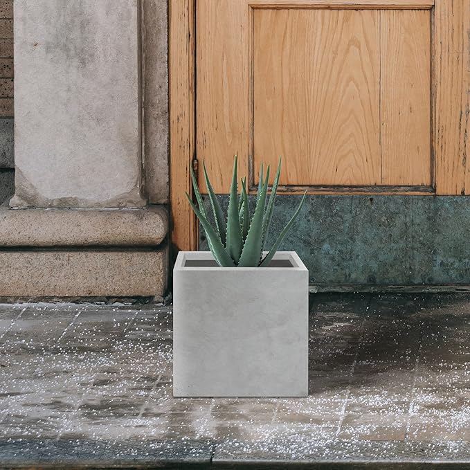 Kante 12 Inch Square Concrete Planter for Outdoor Indoor Home Patio Garden, Large Plant Pot with Drainage Hole and Rubber Plug, Natural Concrete