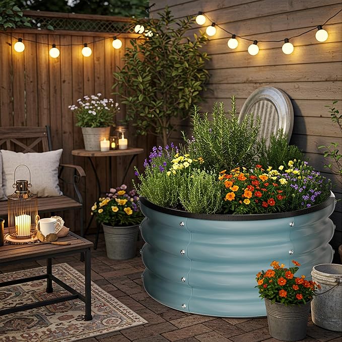 ZXZYHFTY Round Galvanized Raised Garden Bed kit, Blue Outdoor Garden Raised Planter Box, Round Large Metal Raised Garden Beds for Vegetable 2 * 2 * 1ft 1 Pack