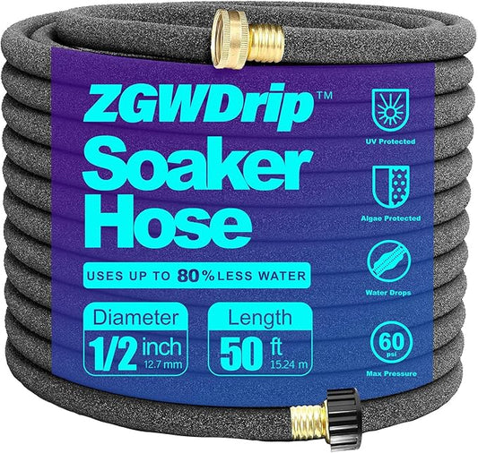 Soaker Hose 50 FT,1/2 Inch Soaker Garden Hose with 3/4" Solid Brass Connectors Save 80% Water Drip Irrigation Kit for Lawn/Yard Landscaping beds