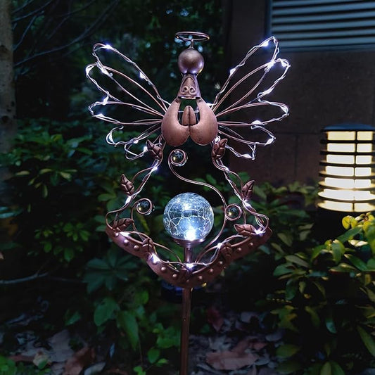 Solar Angel Outdoor Lights Garden Stake - Metal Angel Crackle Glass Ball Solar Light- Waterproof 31 White LED for Garden Lawn Patio or Courtyard Decor(Bronze)