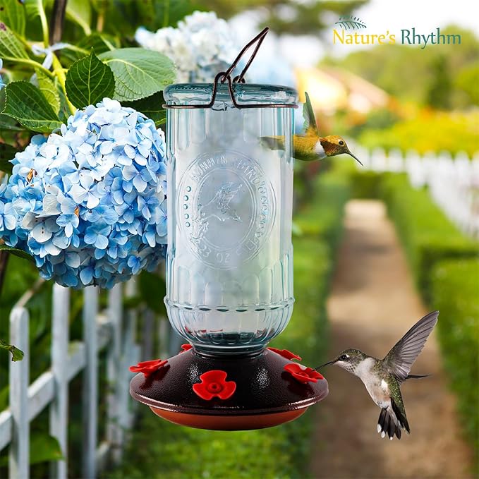Nature's Rhythm Bird Feeder Vintage Blue Antique Glass Bottle Hummingbird Feeder 5 Feeding Ports and 23-Ounce Nectar CapacityPer Feeder(Blue)