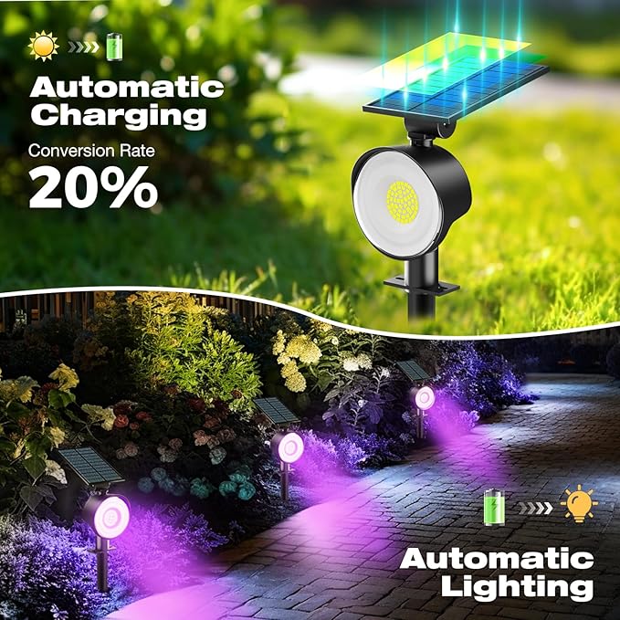 nipify 2 Pack Solar Spot Lights Outdoor Waterproof, Solar Spotlight Light for Outside Yard Landscape Lighting Pathway Lights Wall Auto On/Off, Purple