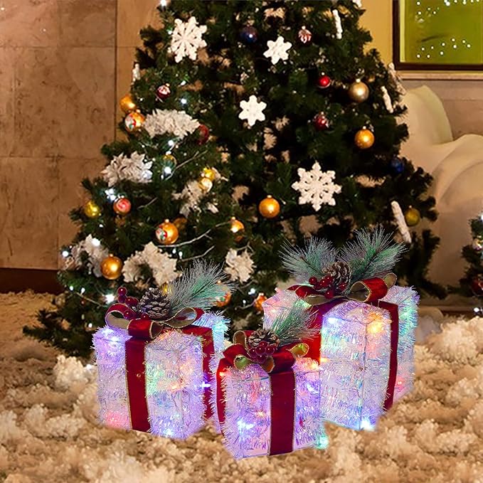 Set of 3 Christmas Lighted Gift Boxes, 60 LED Light Up Present Boxes for Christmas Decorations Indoor Outdoor Yard Xmas Tree Holiday Party Lawn Porch Home Decor(Multicolor)