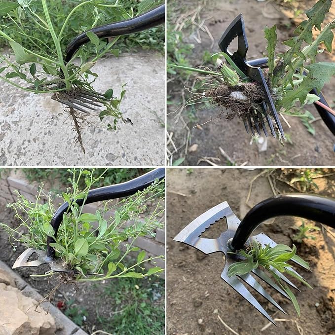 5pcs Multi-Functional Happy Garden Weed Puller Tool Set Heavy-Duty Manganese Steel 5 Teeth with Long Handle and Rubber Grip 4pcs Gloves for Effective Farm Yards Weeding and Planting