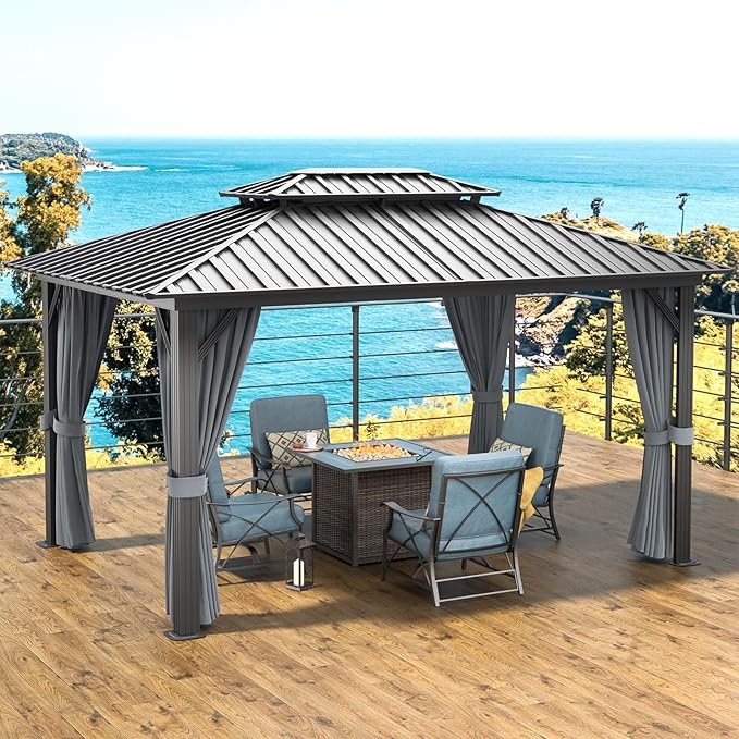 Aoxun 10' X 12' Hardtop Gazebo, Aluminum Metal Outdoor Gazebo with Galvanized Steel Double Roof, Permanent Patio Pavilion with Breathable Netting and Curtains for Dining, Wedding, Party