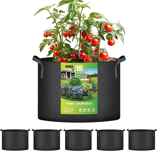 iPower 5-Pack 15 Gallon Plant Grow Bags Thickened Nonwoven Aeration Fabric Pots Heavy Duty Durable Container, Strap Handles for Garden, Black