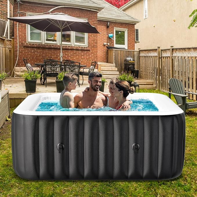 60" X 60" X 25" Hot Tub, 2-4 Person Inflatable Hot Tub, Square Blow Up Portable Bathtub Outdoor Spa with 120 Bubble Jets and Heater Pump, Filter