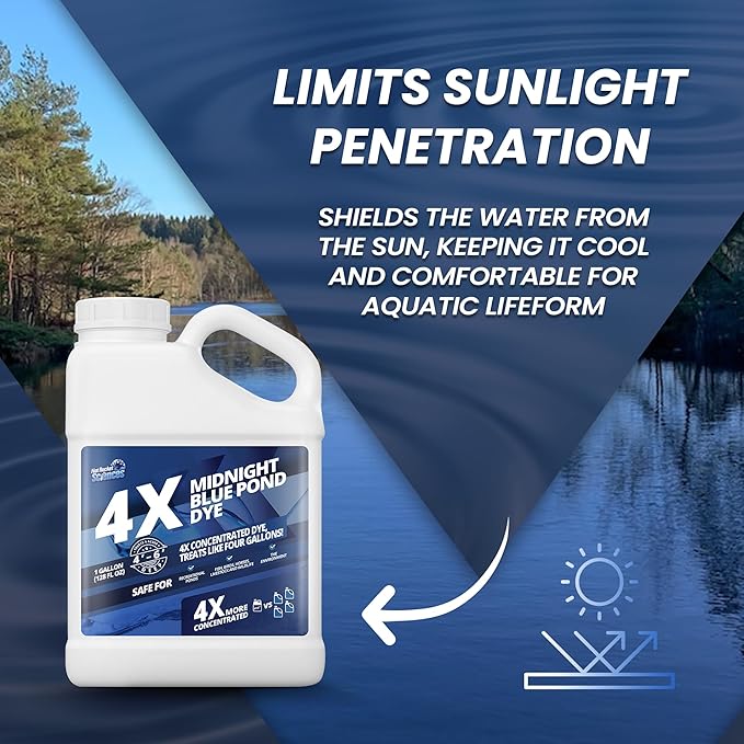 1 Gallon Midnight Blue Pond Dye, 4X Concentrate Pond Dye Blue, Dark Natural Looking Aquashade for Beautiful Lake Water, Long-Lasting Colorant, Protects Against Sunlight - Ideal for Fish & Wildlife