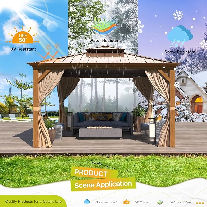 MELLCOM 12'x12' Hardtop Gazebo, Wooden Finish Coated Aluminum Frame Canopy with Galvanized Steel Roof, Outdoor Metal Gazebos with Curtains and Nettings for Patio, Backyard, Deck and Lawns