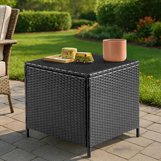 VINGLI 27 Gallon Outdoor Deck Box, Wicker Outdoor Storage Box with Lid, Small Storage Bin Container for Outside and Patio, Patio Rattan Side Table for Yard Porch (Black, Square)