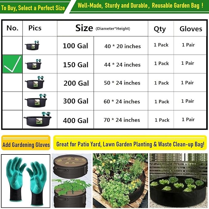 150 Gallon Large Raised Garden Bed Bag (44x24 inch) Big Garden Bag Sturdy Plant Grow Bag for Potato,Tomato Planter,Herb Veggies Planter Bag,Flower Bed,Yard Waste Bag,Lawn Debris Bag,Leaf Bag W/ Gloves
