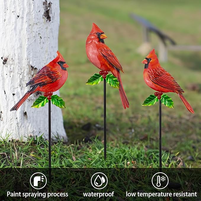 3 Pack Red Birds Metal Decorative Garden Stakes - 20 Inch Shaker Patio Decor Art and Rust Resistant Metal Garden Decor for Indoor and Outdoor Decor - Perfect for Patio and Lawn Ornaments