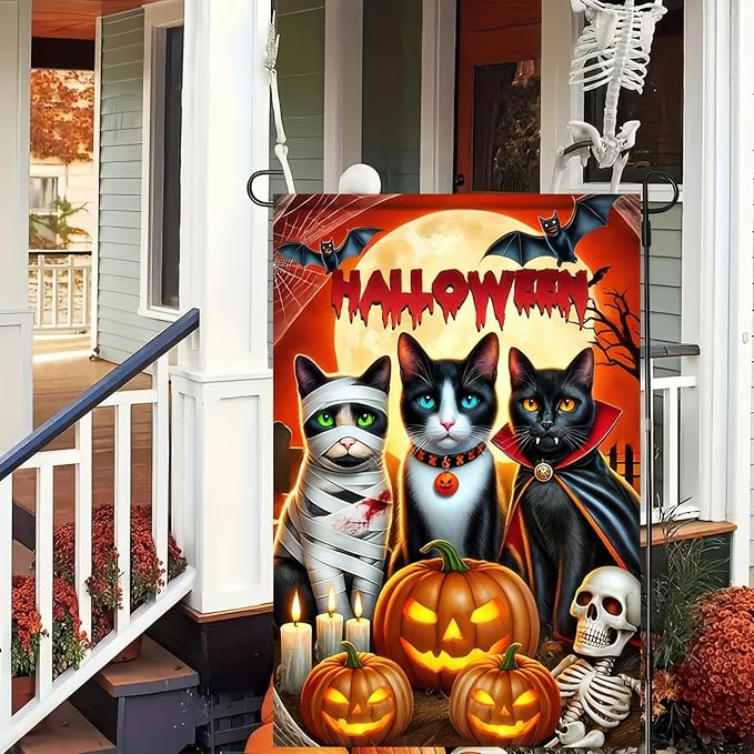 Cute Kitten Garden Flag - 12x18 Double Sided Vertical Flag for Halloween Farmhouse Outdoor Decorative Flag for Yard, Lawn, Patio, Garden Banner