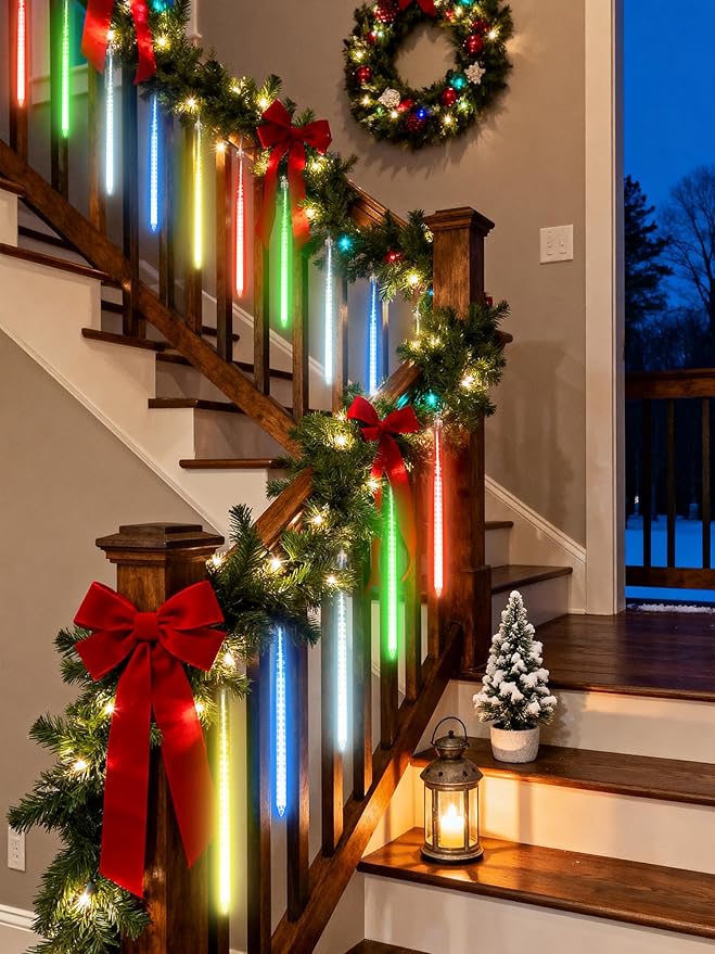 Flacchi Meteor Shower Icicle Lights - 5 Tubes 20" Each 270 LED Cascading Raindrop Lights, Timer Outdoor Waterproof Christmas Decorations for Holiday Party(5 in 1 Multi-Colored)