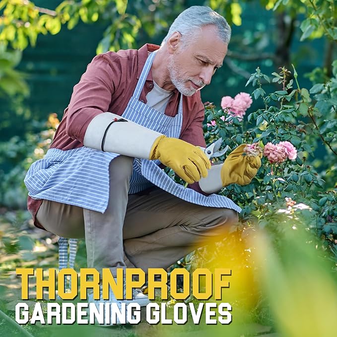 HANDLANDY Rose Gloves for Men & Women, Long Leather Gardening Gloves Thorn Proof, Best Garden Gifts & Tools for Gardener (Yellow-beige, X-Large (Pack of 1))
