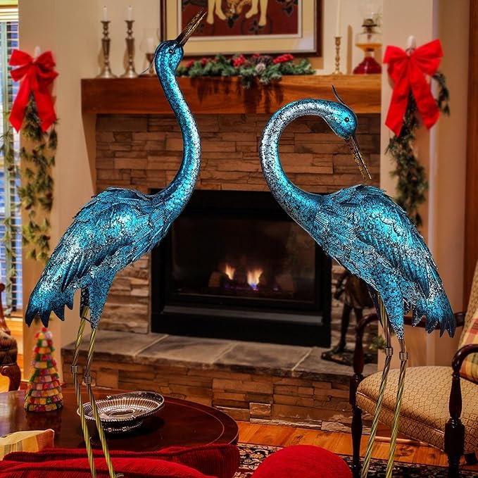 Kircust Garden Sculpture & Statues, Blue Heron Lawn Ornaments Standing Metal Crane Yard Art Large Size Bird Decoy for Outdoor Lawn Backyard Porch Patio Decoration, Set of 2