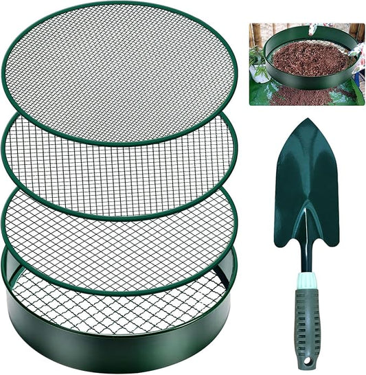 Soil Sifter, 11.8" Fine Mesh Stainless Steel Soil Sifter for Gardening, Compost Sifter with 4 Interchangeable Filter Mesh Sizes 3,6,9,12mm and Shovel, Soil Sieve for Sand Rocks Dirt Compost