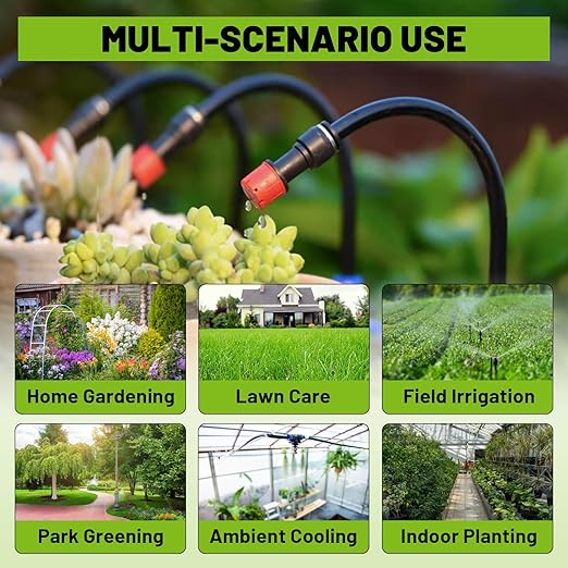 Garden Drip Irrigation Kit, 100ft Black Hose, 360° Pure Copper Closeable Nozzle, Patio Misting Plant Watering Sprinkler, Faucet Separator, Sprinkler Hose Adapter (28 360° nozzles + 28 T-connectors)