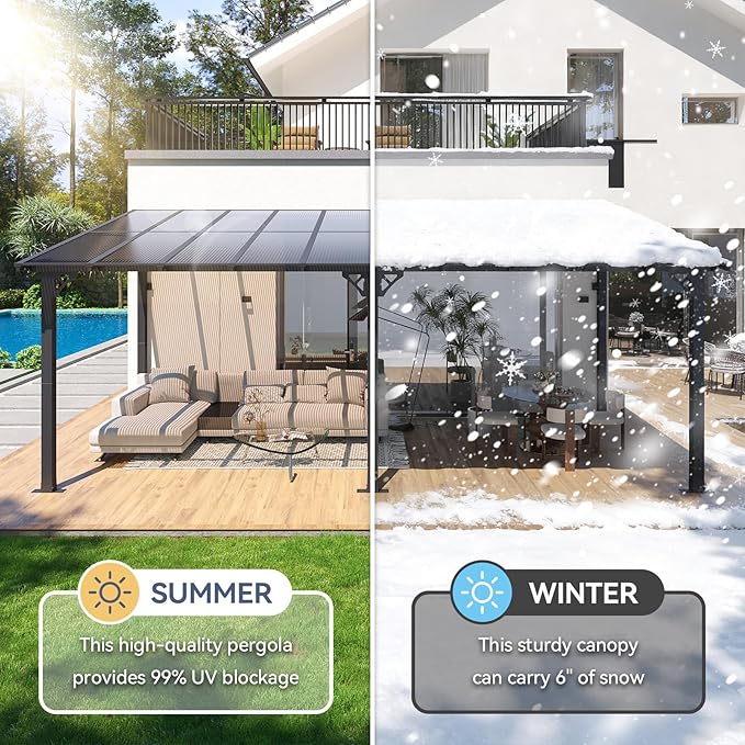 10x20FT Lean to Gazebo, Hardtop Metal Pergola with Polycarbonate Roof, Large Wall Mounted Heavy Duty Awnings, Patio Canopy for Backyard, Deck, Porch (Black)