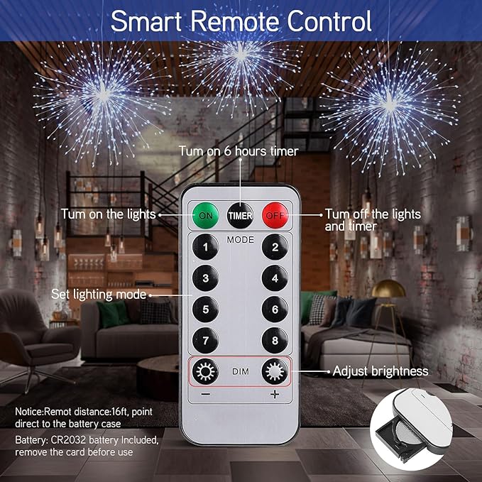 Admitrack Starburst String Lights Christmas Lights, 225 LED 8 Modes Dimmable with Remote Control, Waterproof Copper Wire Decorative Hanging for Party Patio Garden Decoration (White, 4PC)