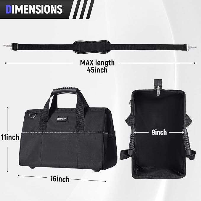 16 inch Heavy Duty Tool Bag for Work | Father's Day Bitthday Gift for Dad | Waterproof Oxford Fabric, Wide Mouth Design, Multi-Pocket Organizer with Padded Strap (Black)