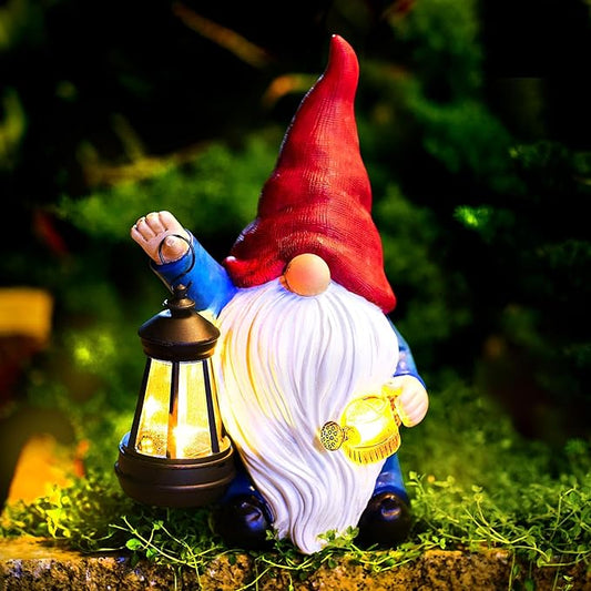 Solar Garden Gnome Christmas Gnome Outdoor Statues Garden Decor Resin Birthday Gifts for Women Mom Art for Yard Porch Patio Lawn Yard with Watering Can Lights Lantern