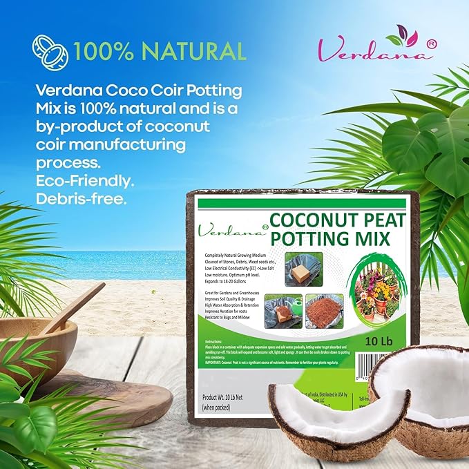 Verdana Coco Coir Brick Potting Mix - 10 Lb Compressed Block – Coconut Fiber, Coco Peat, Coir Pith - Alternative to Peat Moss – Soilless Growing Medium - Low EC, Optimum pH, High Expansion