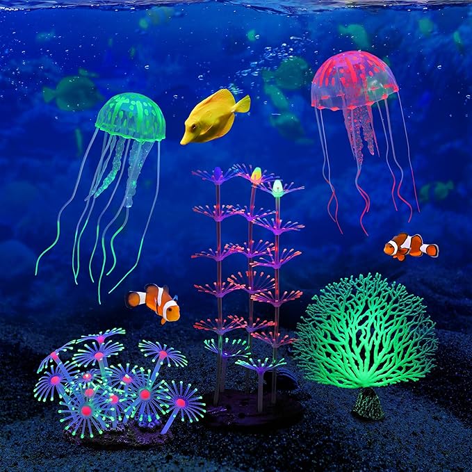 Lpraer 5 Packs Glow Aquarium Decorations Branch Coral Tree Glowing Jellyfish Simulation Glow Plant Glowing Effect Silicone for Fish Tank Decorations