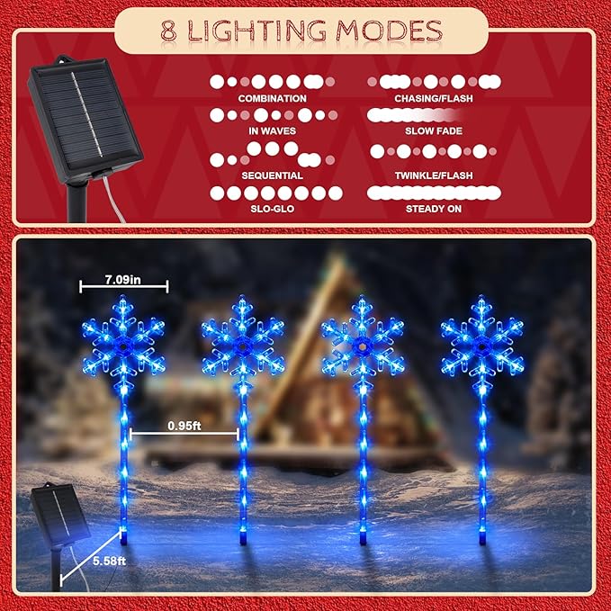 Solar Christmas Pathway Lights Outdoor Decorations, Solar Powered Snowflake Lights, Waterproof Xms Garden Stake Lights Outdoor Christmas Decorations for Patio Yard Porch Lawn, 4 Pack(Blue)