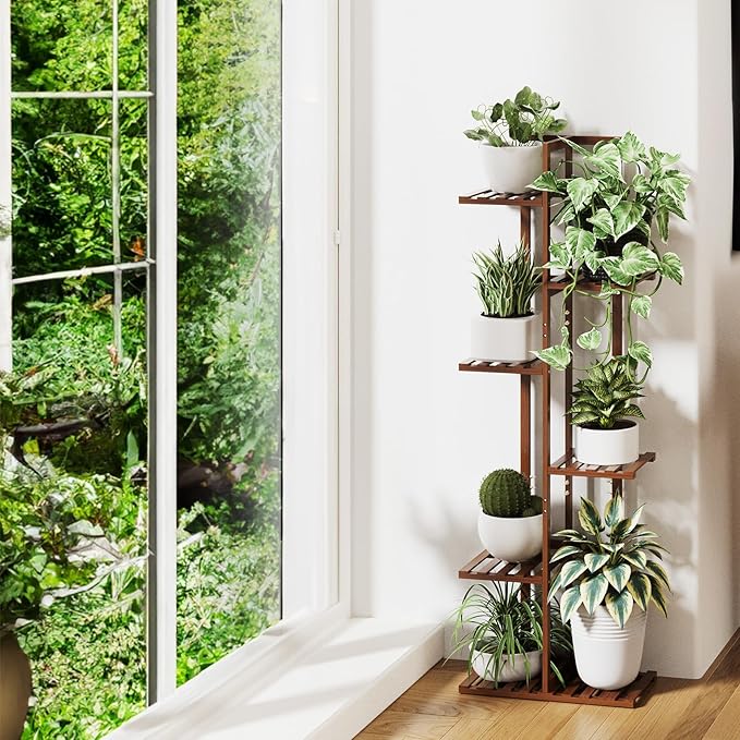ROSSNY Plant Stand Indoor, 6 Tier 7 Potted Bamboo Plant Stands for Indoor Plants, Corner Plant Stand, Tiered Plant Stands, Plant Shelf For Indoor, 48 Inch Tall Planter Holder for Multiple Plants Indoor, Brown