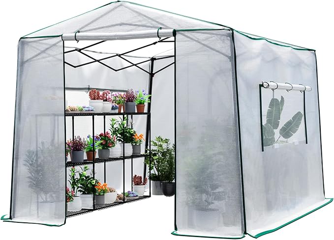 Joyside 12 x 8 FT Outdoor Pop up Greenhouse with Adjutable Reinforced Frame, Durable PE Cover and Mesh Windows, Portable Greenhouse for All Seasons, Easy Set Up (White, 12 x 8 FT)