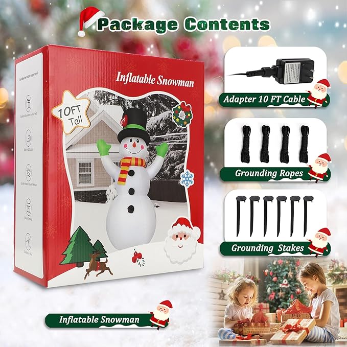 10FT Christmas Inflatables Snowman Wear Magic Hat, Blow Up Outdoor Decorations, Giant Snow Man Built-in Bright LED Light, Xmas Yard Decor for Festive Holiday Garden Patio Lawn Display Mall Hall Party