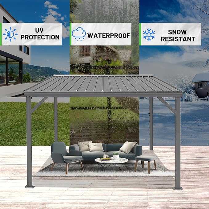 8x10FT Lean to Gazebo, Outdoor Metal Hardtop Wall Mounted Gazebo with Gutter & Sloping Galvanized Steel Roof, Hard Top Awnings/Shelter for Deck, Porch, Backyard