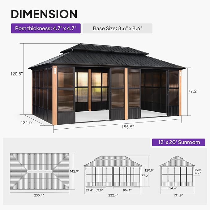 PURPLE LEAF 12' X 20' Sunroom Patio Hardtop Gazebo Double Top Galvanized Steel Screen House Aluminum Sun Room Outdoor Solarium for Garden Backyard