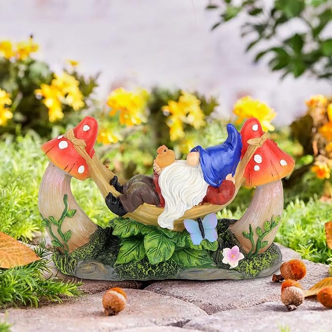 Outdoor Garden Gnome Statue,Solar Gnomes Figurine Lying on Hammock with Bird and Mushrooms,Outdoor Garden Decoration for Patio Yard Lawn Porch,Gifts for Mom/Grandma/Women