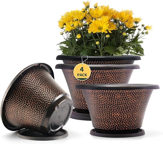 Quarut 12 Inch Pots for Plants,4 Pack Large Flower Pots with Drainage Hole & Saucer,Modern Planters for Indoor Outdoor Plants,Decorative Resin Garden Pots Brown