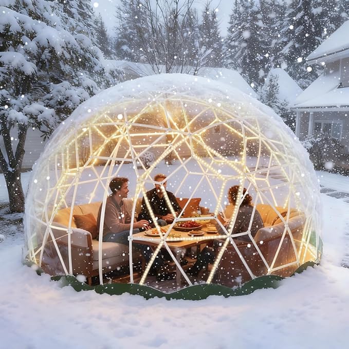 12FT Garden Dome Tent, Geodesic Dome Greenhouse with PVC Clear Cover, Waterproof Garden Bubble Dome Tent House with 2 x 10M Light Strings for Outdoor, Patio, Backyard, Party (Green Edge, 15FT/4.6M)