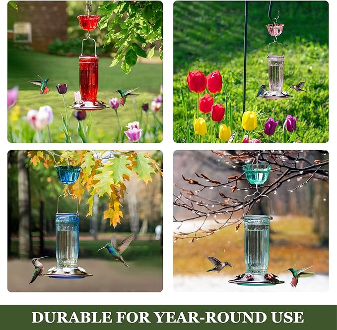 Kingsyard 2 Pack Glass Hummingbird Feeder for Outdoors, 16 Oz Wild Bird Feeder with 6 Feeding Ports Hanging for Garden Yard, Blue (Ant Moat Included)