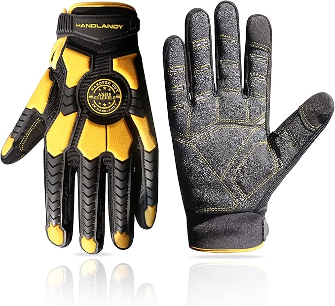 HANDLANDY Anti Vibration Gloves, SBR Padding, TPR Protector, Mechanic Work Gloves (Large, Black)