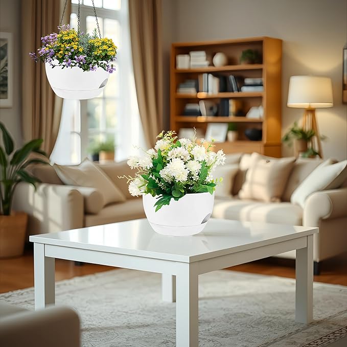 2 Pack 12 Inch Large Hanging Planters with Chains Self Watering White Plastic Hanging Pots for Indoor Outdoor Plants, Garden Porch Home Decor,White