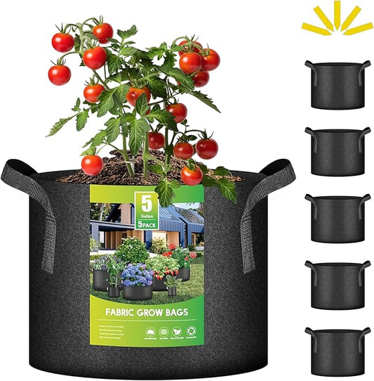 iPower 5 Pack 5 Gallon Grow Bags Heavy Duty 300G Thickened Nonwoven Fabric Plant Pots with 5 Labels & Handles for Outdoor Garden, Aeration Planter Bags for Fruits, Vegetables, Tomato & Flowers, Black
