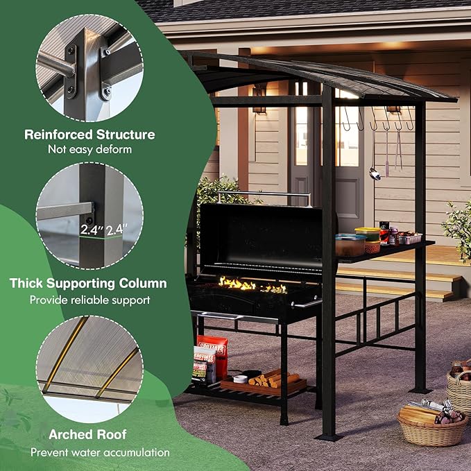 Tangkula 8x5 FT Hardtop Grill Gazebo, Outdoor Double-Tiered Barbecue Canopy with Vented Polycarbonate Roof, 2 Side Shelves, 6 Hooks, Outdoor Grill Shelter for Patio Garden Lawn Deck (Black)