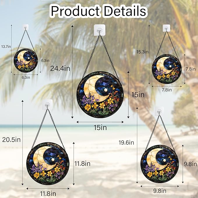 Stained Glass Window Hanging - Blue Night Sky Moon Suncatcher for Door Terrace Garden Home Decor Wildflowers Sun Catcher Birthday Gifts for Lovers Women Men Dad Mom Nana 9.8 in