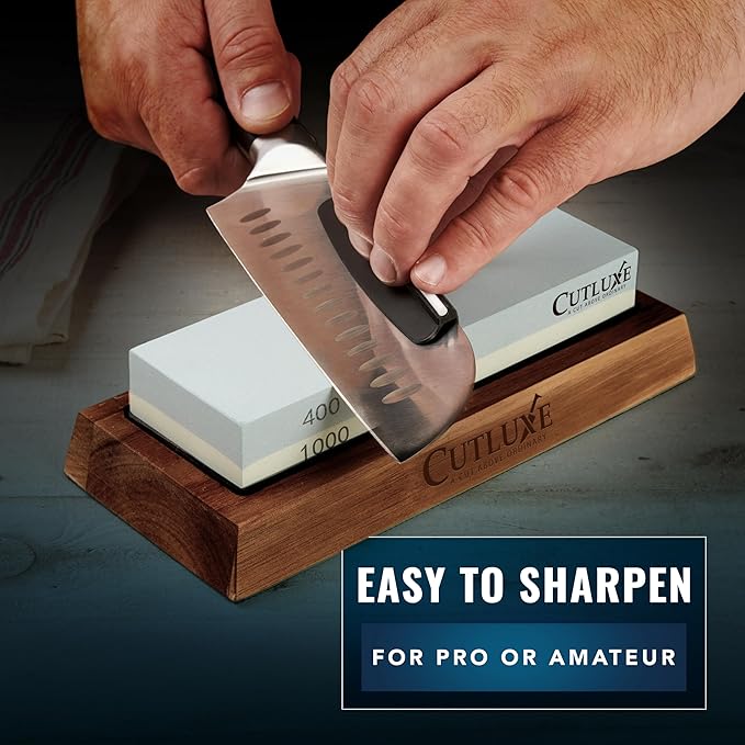 Cutluxe Whetstone Knife Sharpener – Sharpening Stone Kit, Professional 4 Side Grit 400/1000/3000/8000, Non Slip Acacia Wood Base, Angle Guide, Black Flattening Stone, Leather Strop
