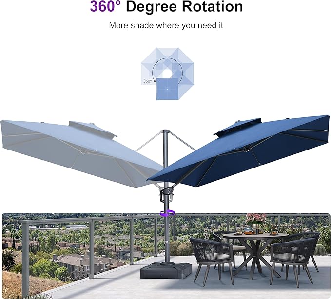 PURPLE LEAF Cantilever Umbrella with Base Included 10 Feet Outdoor Double Top Large Offset Hanging 360° Rotation Heavy Duty Square Umbrella for Garden Patio Deck Pool Spectrum Indigo