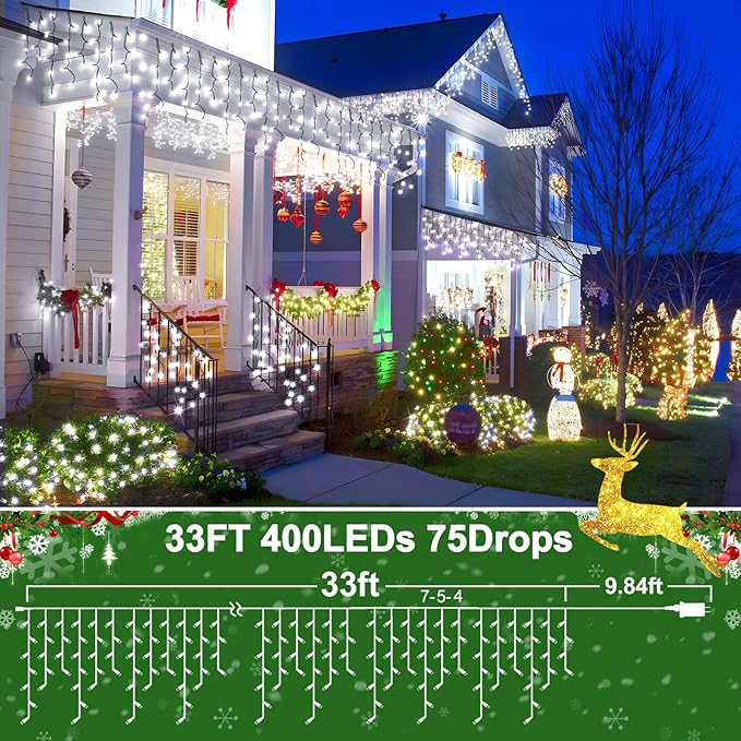 KNONEW 33FT 400 LED Christmas Lights Outdoor Black Wire String Lights with 75 Drops, 8 Lighting Modes, Timer Memory Function Connectable Hanging Curtain Lights for Halloween Party Decor (Cool White)