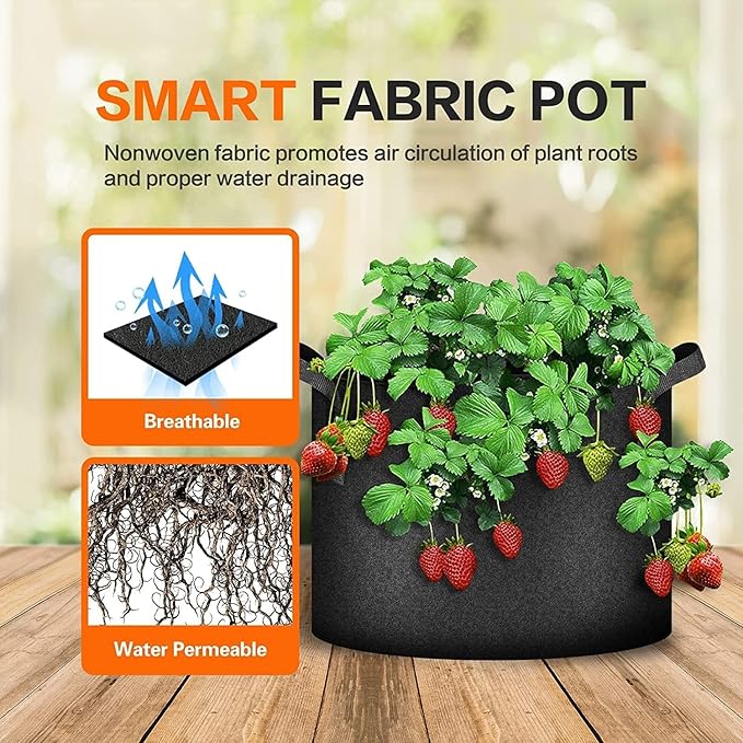 iPower 5-Pack 10 Gallon Plant Grow Bags Thickened Nonwoven Aeration Fabric Pots Heavy Duty Durable Container, Strap Handles for Garden, Black